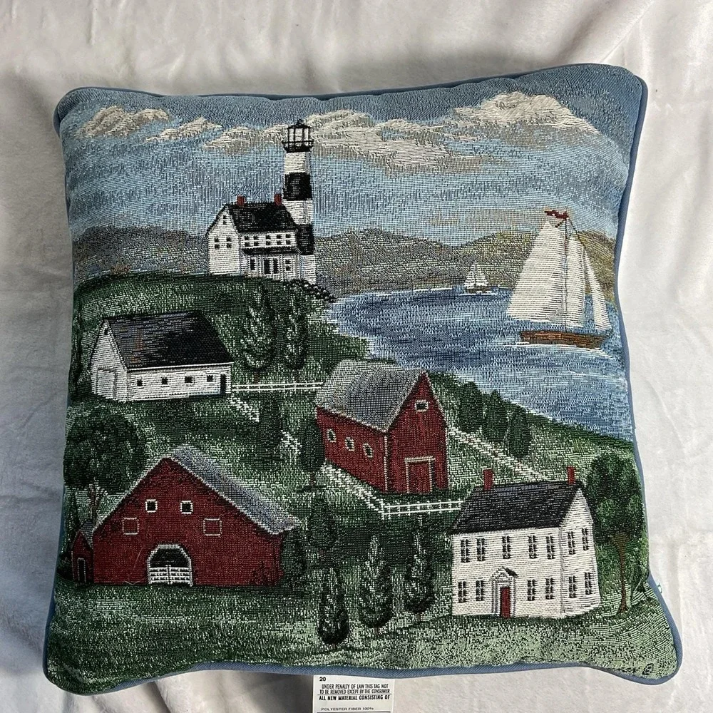 VTG Nautical Sailboat Lighthouse Pillow Coastal Blue 17